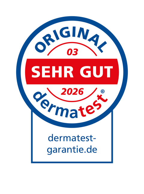 Dermatest-Siegel mit dem Testergebnis „SEHR GUT“ für ribogrow® mit FOLINODE™ Technologie. Das Produkt erhielt im Jahr 2026 die dermatologische Bewertung „SEHR GUT“ (03/2026). Das blau-weiß-rote Prüfsiegel bestätigt die Auszeichnung durch Dermatest.