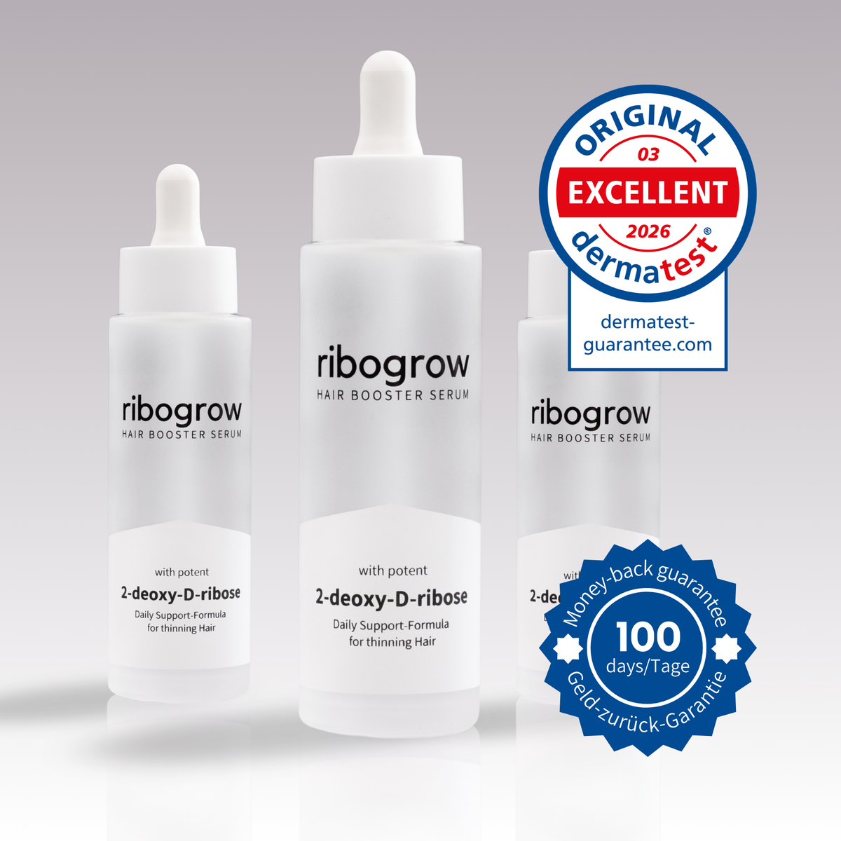 Zeigt den ribogrow® Hair Booster Serum 3er Pack, geeignet für 3 Monate Anwendung mit 100 Tage Geld-zurück-Garntie-Siegel und Dermatest Logo