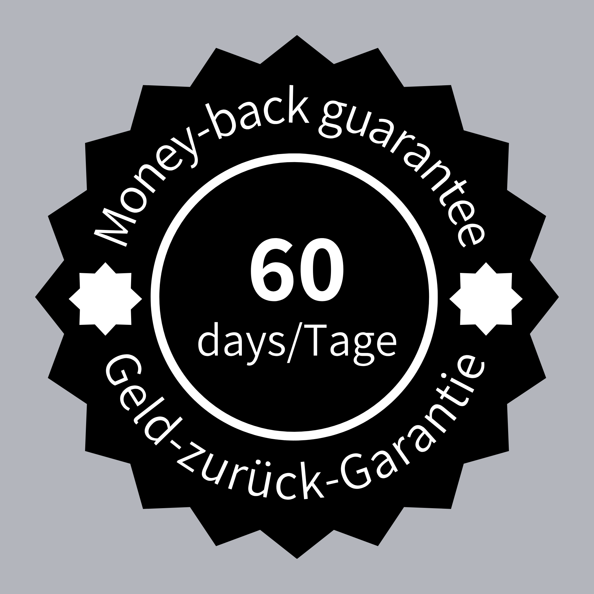 60 Days Money-Back Guarantee Icon – ribogrow ensures customer satisfaction with a risk-free 60-day refund policy. 60 Tage Geld-zurück-Garantie Icon – ribogrow bietet eine risikofreie 60-Tage-Rückerstattung für höchste Kundenzufriedenheit.