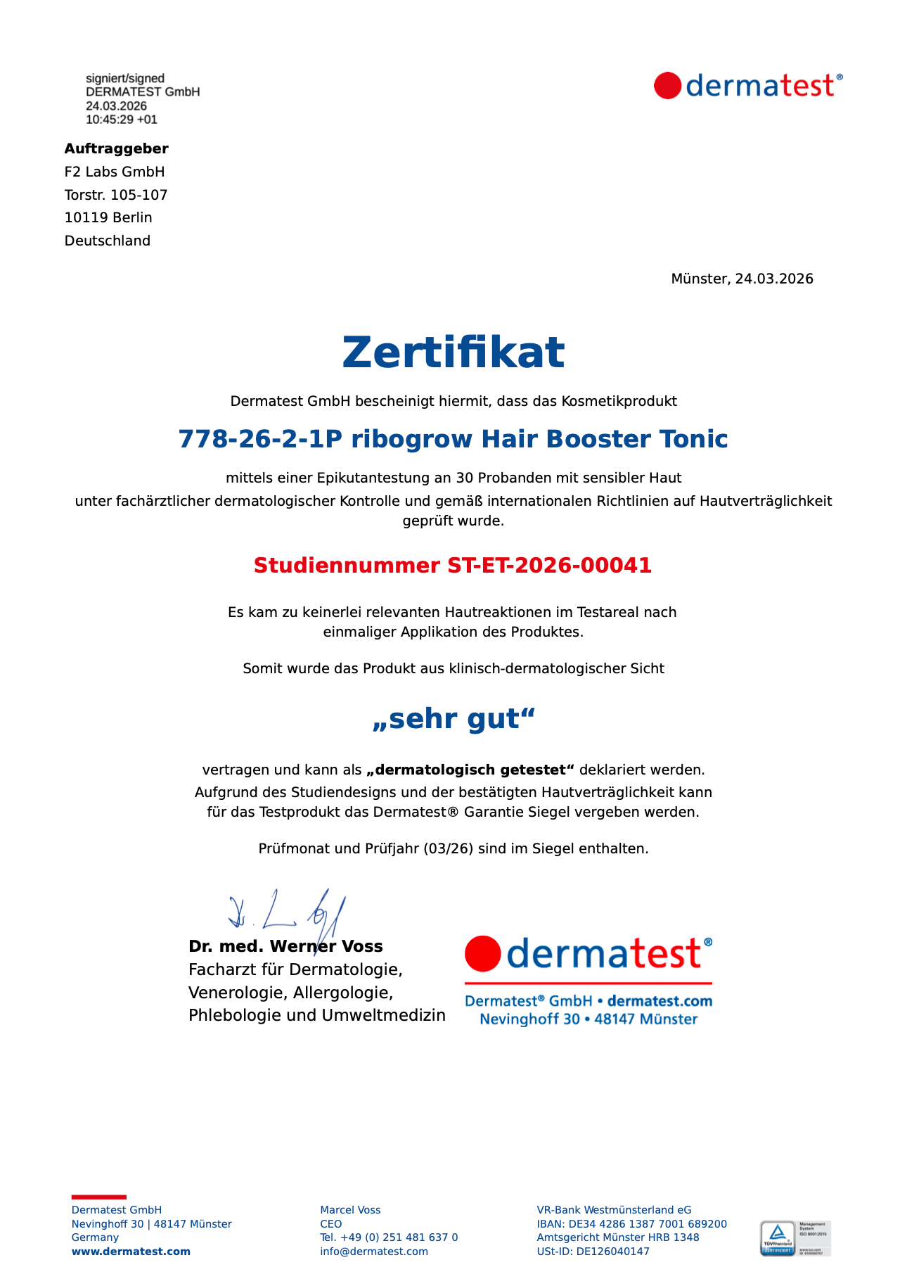 Zeigt das Dermatest Ergebnis des ribogrow Hair Booster Tonic. Ergebnis: Note "ehr gut". Von 30 Probandinnen und Probanden mit sensibler Haut hatte niemand eine Nebenwirkung.