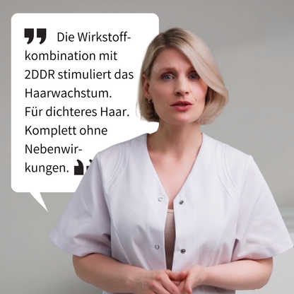 zeigt eine Dermatologin wie Sie über ribogrow spricht: "Die einzigartige Wirkstoffkombination mit 2-Desoxy-D-Ribose stimuliert das Haarwachstum von der Wurzel aus. Für dichteres Haar in nur 3 Monaten. Komplett ohne Nebenwirkungen"
