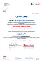 Dermatest certificate for ribogrow Hair Booster Tonic confirming an "excellent" skin tolerability rating. In a dermatologically supervised test involving 30 participants with sensitive skin, no relevant skin reactions were observed after a single application.
