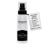 ribogrow® hair booster tonic shown as a single frosted glass spray bottle with black pump and transparent cap, labeled “hair booster tonic” and “with potent 2-deoxy-D-ribose,” described as a daily support formula for thinning hair. The product tag highlights innovation against hair loss, dermatological development, production in Germany, first visible results in 3 months, an active matrix with 2-deoxy-D-ribose, and a 50 ml bottle designed to last one month.