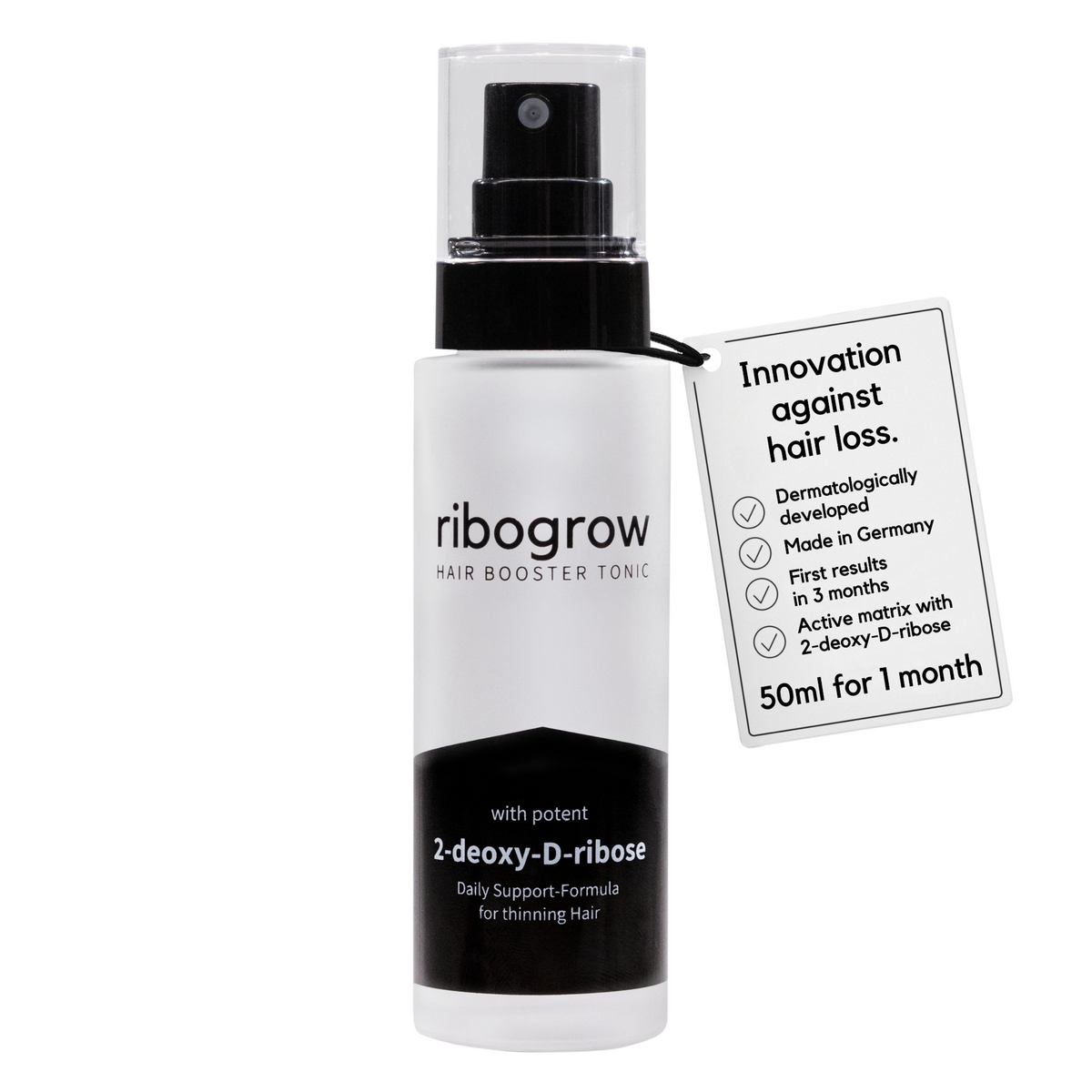 ribogrow® hair booster tonic shown as a single frosted glass spray bottle with black pump and transparent cap, labeled “hair booster tonic” and “with potent 2-deoxy-D-ribose,” described as a daily support formula for thinning hair. The product tag highlights innovation against hair loss, dermatological development, production in Germany, first visible results in 3 months, an active matrix with 2-deoxy-D-ribose, and a 50 ml bottle designed to last one month.