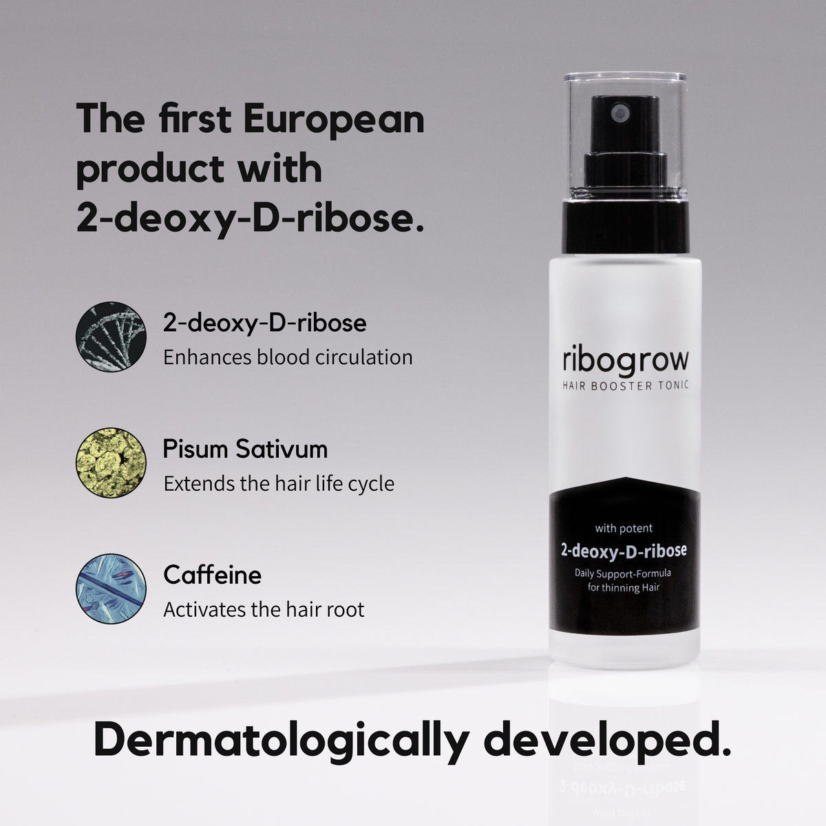 ribogrow hair booster tonic presented with a detailed ingredient breakdown showing 2-deoxy-D-ribose to enhance blood circulation, pisum sativum extract to extend the hair life cycle, and caffeine to activate the hair root. The image states that ribogrow is the first European product using 2-deoxy-D-ribose and highlights that the formula is dermatologically developed.