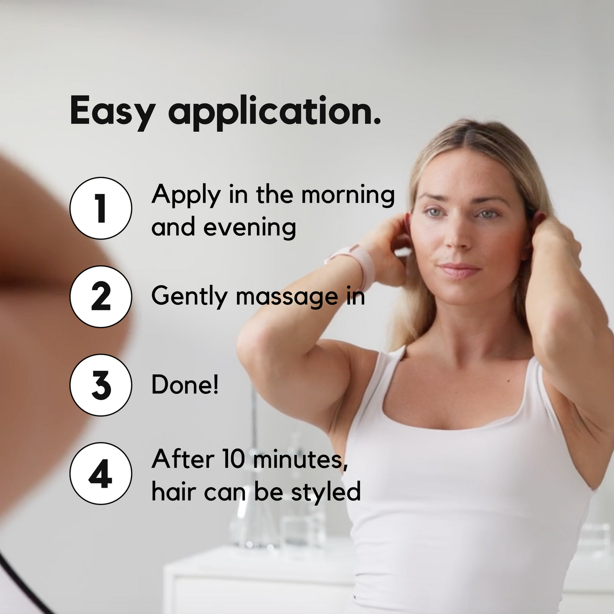 woman applying ribogrow® hair booster serum while standing in front of a mirror. The image shows a clear step-by-step routine: apply in the morning and evening, gently massage the serum into the scalp, complete application, and style hair after 10 minutes once the serum has absorbed.