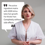 female medical professional wearing a white clinical coat speaking directly to camera, shown next to a speech bubble containing the text “The active ingredient matrix with 2DDR stimulates hair growth. For thicker hair. Completely without side effects.” The image visually supports ribogrow’s hair growth concept, highlighting the active ingredient matrix with 2-deoxy-D-ribose (2DDR) and its role in supporting thicker hair, presented in a clean, professional, and dermatology-inspired setting.