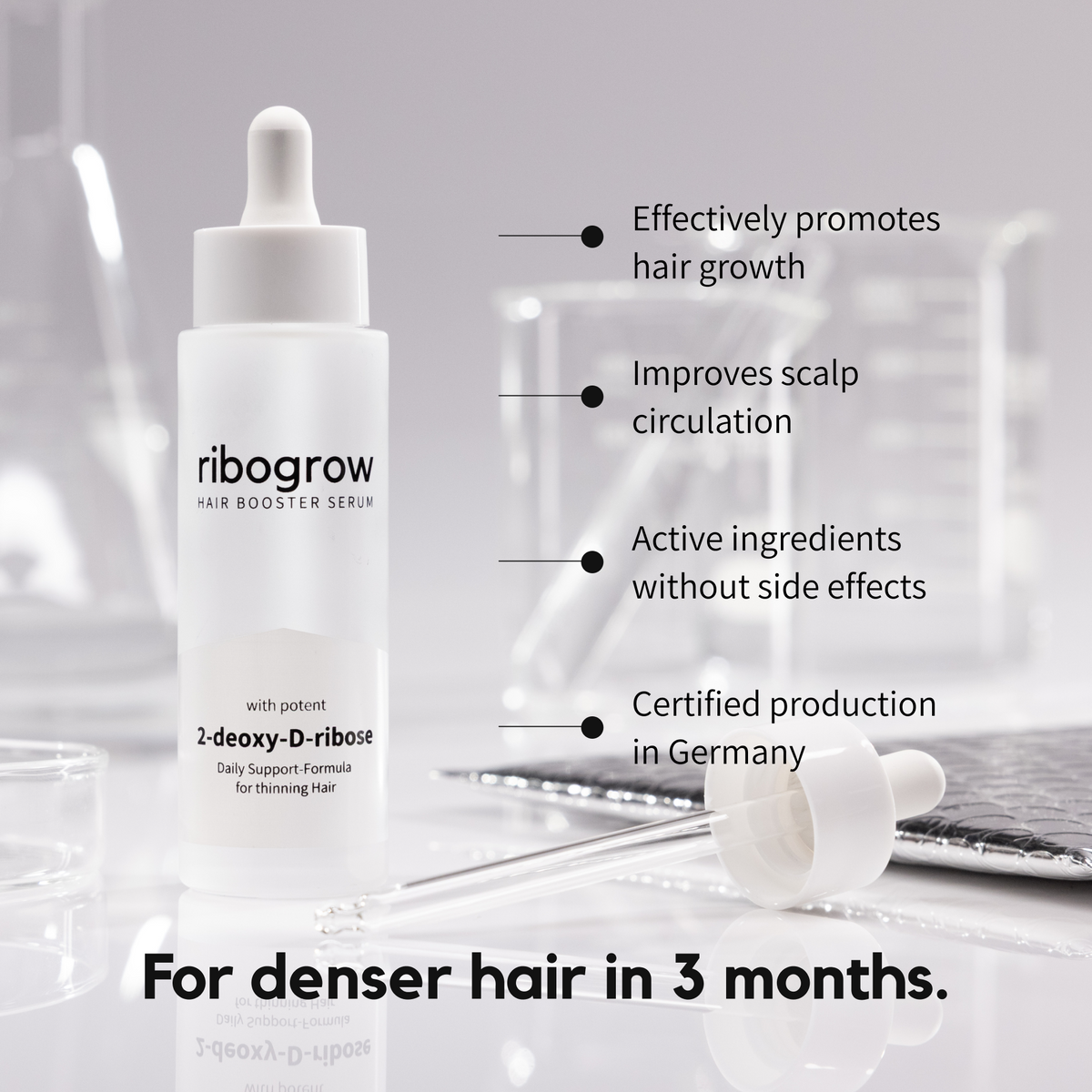 ribogrow® hair booster serum displayed in a laboratory-style setting with glass beakers and droppers in the background. Text highlights key benefits including effectively promoting hair growth, improving scalp circulation, containing active ingredients without side effects, and certified production in Germany. The image emphasizes consistent use for achieving denser hair within three months.