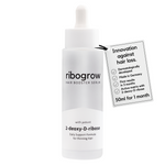 ribogrow® hair booster serum shown in a frosted glass dropper bottle with white pipette cap. The label reads “hair booster serum” and “with potent 2-deoxy-D-ribose,” described as a daily support formula for thinning hair. A product tag highlights innovation against hair loss, dermatological development, made in Germany, first visible results in 3 months, an active matrix with 2-deoxy-D-ribose, and a 50 ml bottle intended to last one month.
