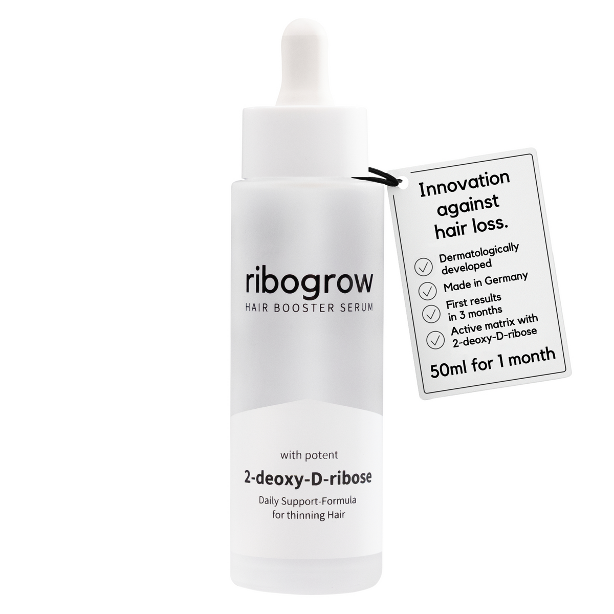 ribogrow® hair booster serum shown in a frosted glass dropper bottle with white pipette cap. The label reads “hair booster serum” and “with potent 2-deoxy-D-ribose,” described as a daily support formula for thinning hair. A product tag highlights innovation against hair loss, dermatological development, made in Germany, first visible results in 3 months, an active matrix with 2-deoxy-D-ribose, and a 50 ml bottle intended to last one month.