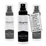 ribogrow hair booster tonic displayed as a triple pack with three frosted glass spray bottles featuring black spray pumps and transparent protective caps. Each bottle is labeled “hair booster tonic” and “with potent 2-deoxy-D-ribose,” described as a daily support formula for thinning hair. A hanging product tag highlights innovation against hair loss, dermatological development, production in Germany, first results in 3 months, and an active matrix with 2-deoxy-D-ribose. The tag specifies 3 x 50 ml.