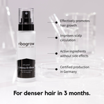 ibogrow hair booster tonic displayed in a laboratory-style environment with glassware in the background, alongside text highlighting key benefits including effective promotion of hair growth, improved scalp circulation, active ingredients without side effects, and certified production in Germany. The image emphasizes consistent daily use for achieving denser hair within three months.