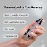 ribogrow hair booster tonic held in hand, emphasizing premium quality from Germany. Text highlights include a 50 ml bottle lasting for one month, a high-quality glass bottle, easy daily use, and a fine spray mist designed for even scalp application and precise dosage.