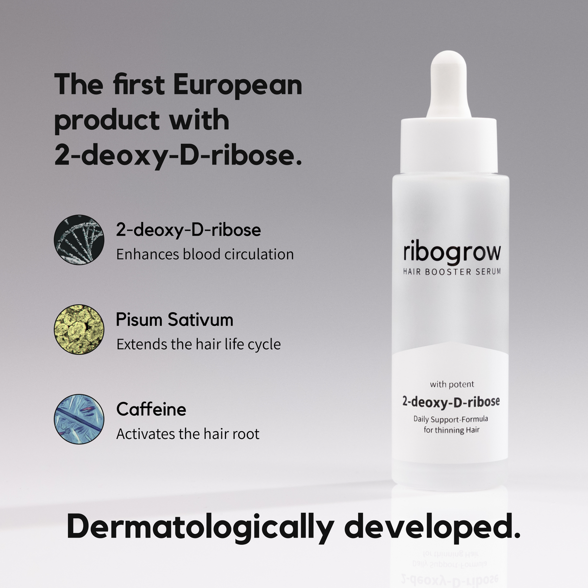 ribogrow® hair booster serum presented alongside ingredient explanations stating it is the first European product with 2-deoxy-D-ribose. The image lists active ingredients including 2-deoxy-D-ribose to enhance blood circulation, pisum sativum extract to extend the hair life cycle, and caffeine to activate the hair root, with the formula described as dermatologically developed.