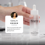 ribogrow® hair booster serum displayed next to a verified five-star customer review from Carina H. The testimonial states this is her second order and that she already feels her hair is getting thicker, highlighting customer satisfaction and visible improvement with continued use.