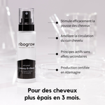 Flacon de ribogrow Hair Booster Tonic avec vaporisateur, enrichi en 2-désoxy-D-ribose. L’image présente les bienfaits annoncés du tonique capillaire : stimulation de la pousse des cheveux, amélioration de la circulation du cuir chevelu, principes actifs présentés comme sans effets secondaires et production certifiée en Allemagne, pour des cheveux plus épais en 3 mois.
