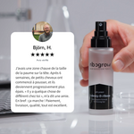 Flacon de ribogrow Hair Booster Tonic avec vaporisateur, tenu dans une main, accompagné d’un avis client vérifié de Björn H., noté 5 étoiles. Le client témoigne de l’apparition de nouveaux cheveux après 6 semaines d’utilisation, d’une chevelure progressivement plus épaisse et de sa satisfaction concernant la qualité et la livraison du produit.
