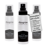 Lot de trois flacons de ribogrow Hair Booster Tonic de 50 ml avec vaporisateur, enrichis en 2-désoxy-D-ribose. Une étiquette présente les caractéristiques du traitement anti-chute : formule développée dermatologiquement, fabrication allemande, premiers résultats annoncés en 3 mois et quantité totale de 150 ml pour trois mois d’utilisation.