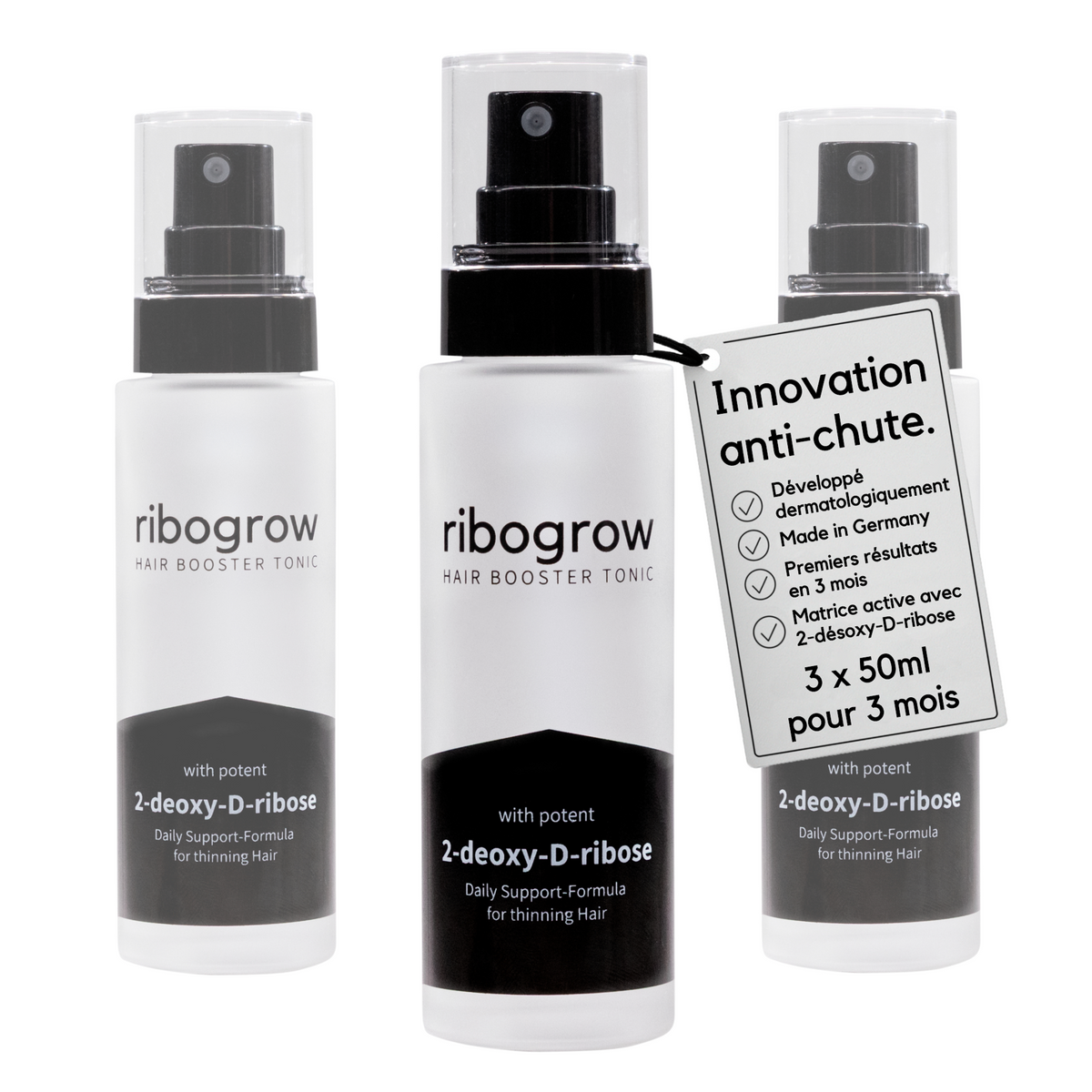 Lot de trois flacons de ribogrow Hair Booster Tonic de 50 ml avec vaporisateur, enrichis en 2-désoxy-D-ribose. Une étiquette présente les caractéristiques du traitement anti-chute : formule développée dermatologiquement, fabrication allemande, premiers résultats annoncés en 3 mois et quantité totale de 150 ml pour trois mois d’utilisation.
