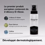 Flacon de ribogrow Hair Booster Tonic avec vaporisateur, à base de 2-désoxy-D-ribose, présenté comme le premier produit européen contenant cet actif. L’image met en avant trois ingrédients : le 2-désoxy-D-ribose pour favoriser la circulation sanguine, le Pisum Sativum pour prolonger le cycle de vie des cheveux et la caféine pour stimuler les racines. Formule développée dermatologiquement.