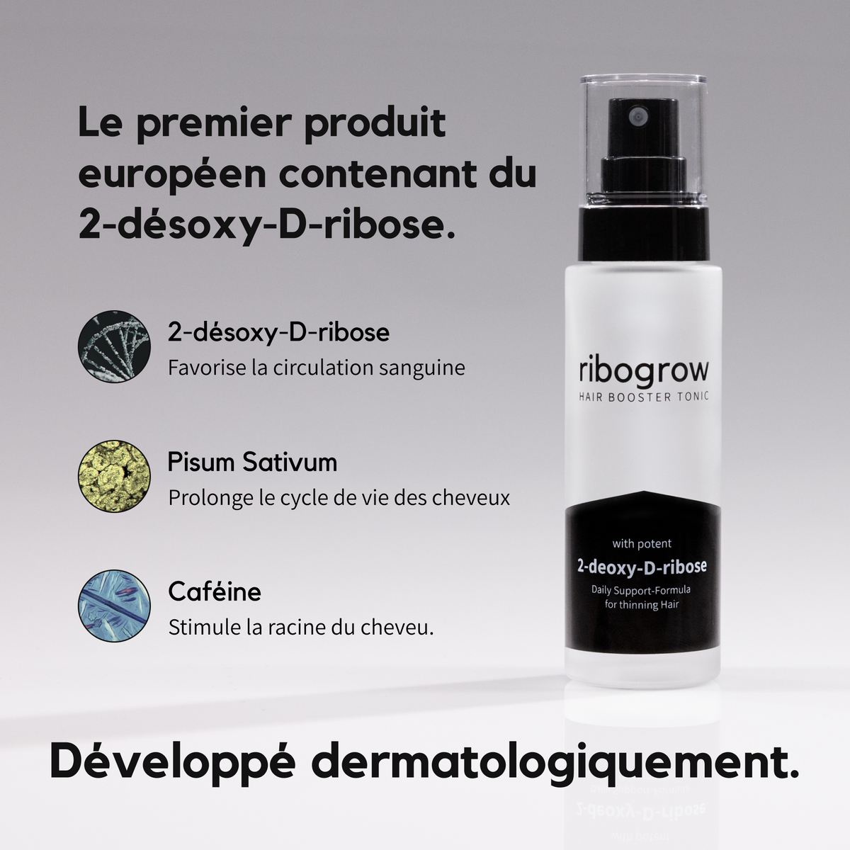 Flacon de ribogrow Hair Booster Tonic avec vaporisateur, à base de 2-désoxy-D-ribose, présenté comme le premier produit européen contenant cet actif. L’image met en avant trois ingrédients : le 2-désoxy-D-ribose pour favoriser la circulation sanguine, le Pisum Sativum pour prolonger le cycle de vie des cheveux et la caféine pour stimuler les racines. Formule développée dermatologiquement.