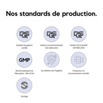 Infographie présentant les standards de production du ribogrow Hair Booster Tonic : système de gestion certifié, normes ISO 14001:2015 et ISO 9001:2015, bonnes pratiques de fabrication GMP DIN 22716, surveillance de l’hygiène et production en environnement contrôlé.