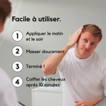 Un homme aux cheveux blonds masse doucement son cuir chevelu devant un miroir. L’image présente les quatre étapes d’utilisation du ribogrow Hair Booster Tonic : appliquer matin et soir, masser délicatement, laisser agir, puis coiffer les cheveux après 10 minutes.
