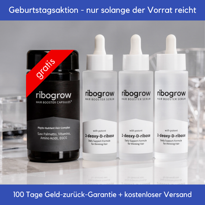 Zeigt die Geburtsagsaktion für 1 Jahr ribogrow. Das Bundle enthält 3 Hair Booster Serum für 3 Monate Anwendung mit einer Gratispackung Hair Booster Capsules. Mit 100 Tage Geld-zurück-Garantie und kostenlosem Versand. Nur solange der Vorrat reicht.