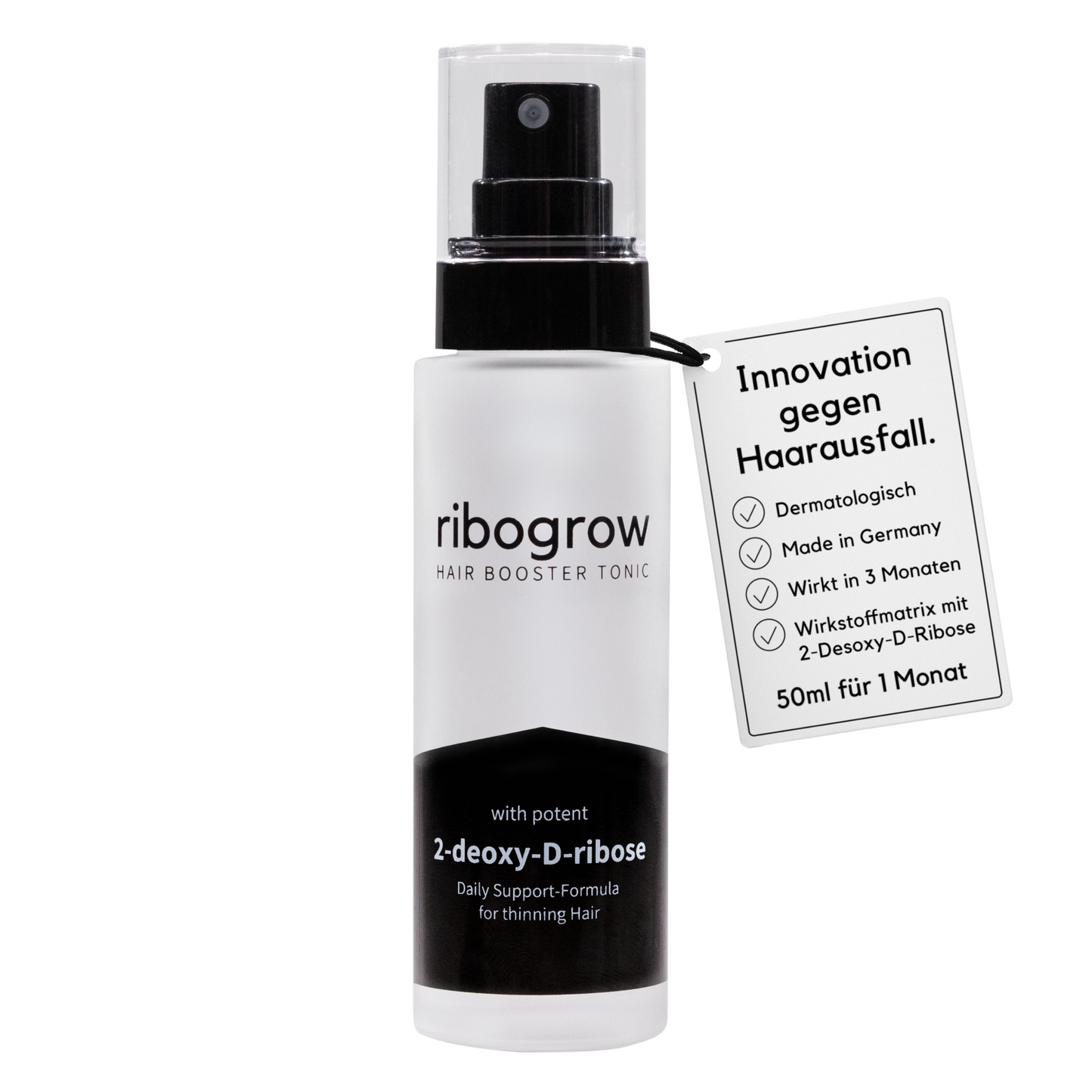 Produktfoto des ribogrow Hair Booster Tonic gegen Haarausfall. Der Glasflakon zeigt die Wirkstoffformel 2-deoxy-D-ribose für dünner werdendes Haar. Daneben hängt ein Etikett mit den Vorteilen: dermatologisch getestet, Made in Germany, sichtbare Wirkung in 3 Monaten, innovative Wirkstoffmatrix mit 2-Desoxy-D-Ribose sowie 50-ml-Inhalt für einen Monat.