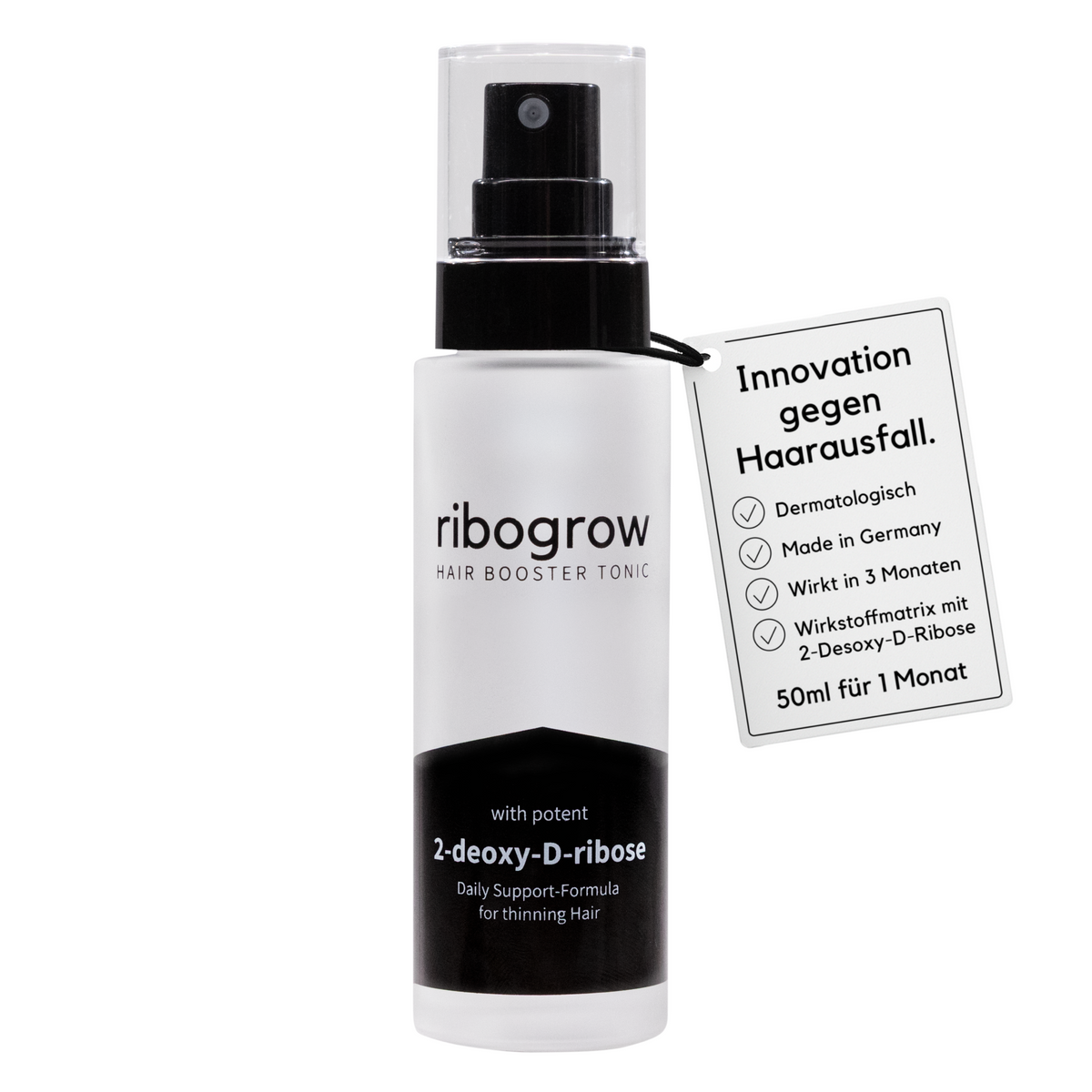 Produktfoto des ribogrow Hair Booster Tonic gegen Haarausfall. Der Glasflakon zeigt die Wirkstoffformel 2-deoxy-D-ribose für dünner werdendes Haar. Daneben hängt ein Etikett mit den Vorteilen: dermatologisch getestet, Made in Germany, sichtbare Wirkung in 3 Monaten, innovative Wirkstoffmatrix mit 2-Desoxy-D-Ribose sowie 50-ml-Inhalt für einen Monat.
