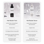 Side-by-side comparison of two ribogrow hair growth products. On the left, a spray bottle labeled “Hair Booster Tonic” for shorter hair and advanced hair loss, designed for targeted areas with an even mist. On the right, a dropper bottle labeled “Hair Booster Serum” for longer or thinning hair, intended for precise scalp application without weighing hair down.