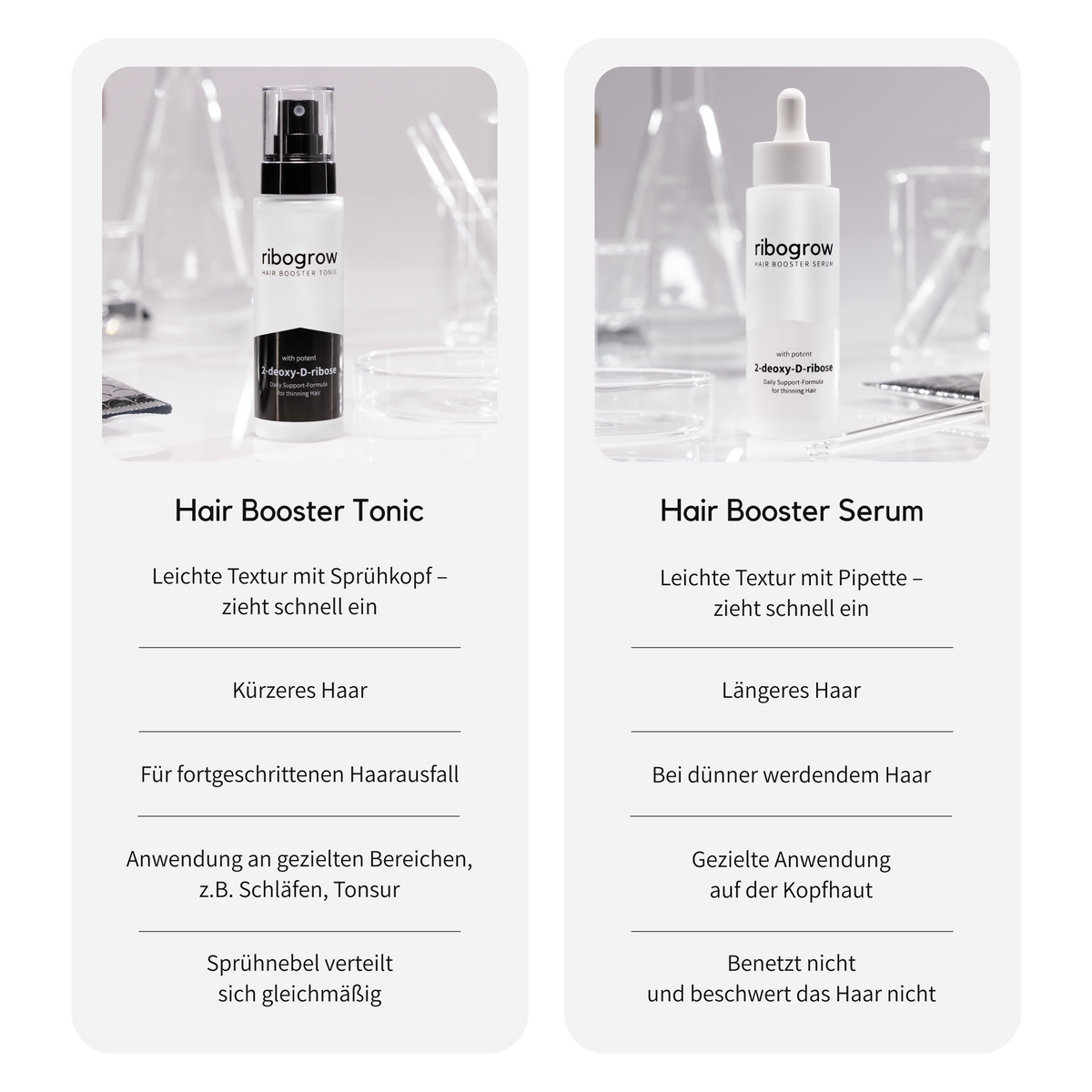 Side-by-side comparison of two ribogrow hair growth products. On the left, a spray bottle labeled “Hair Booster Tonic” for shorter hair and advanced hair loss, designed for targeted areas with an even mist. On the right, a dropper bottle labeled “Hair Booster Serum” for longer or thinning hair, intended for precise scalp application without weighing hair down.