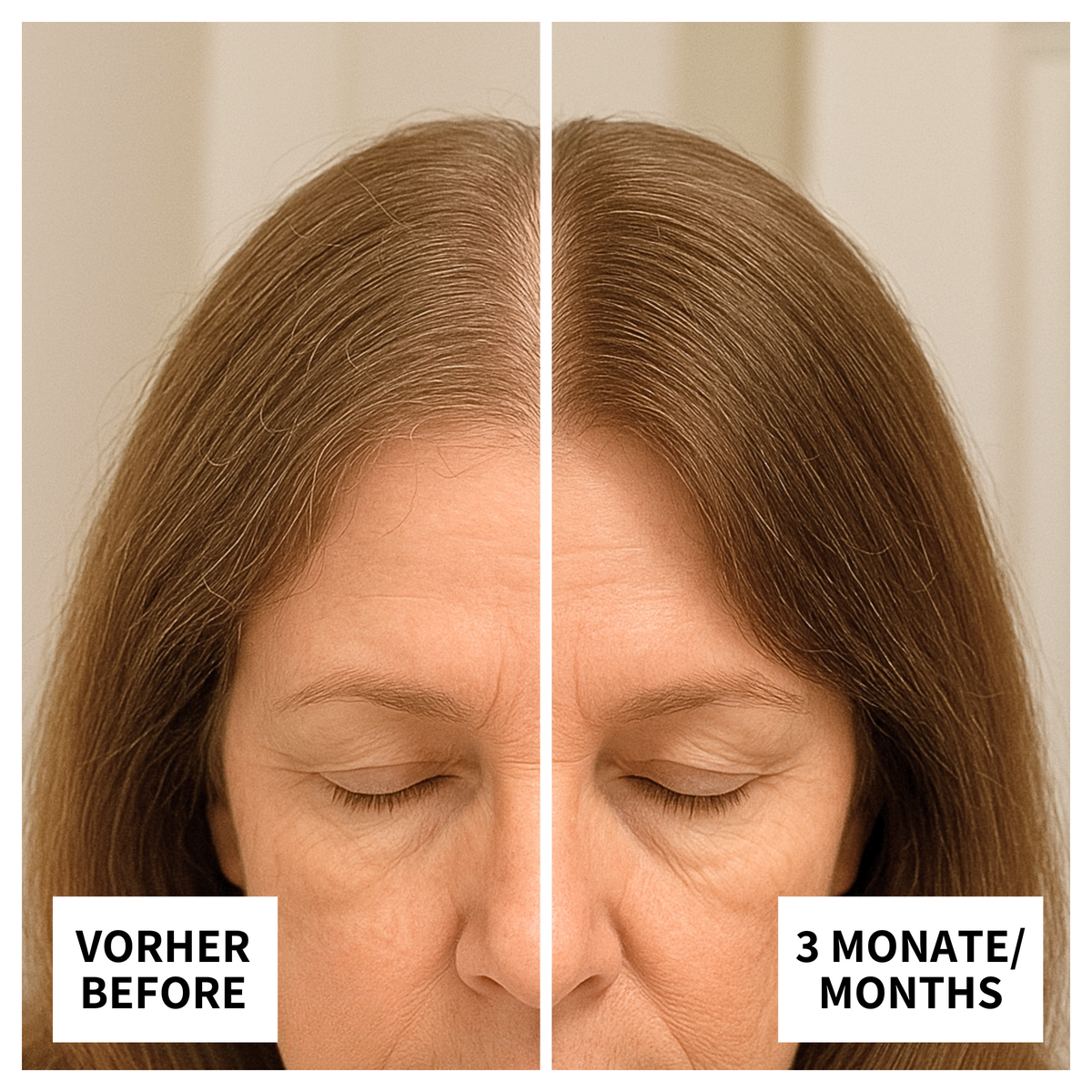 Zeigt ein Vorher/Nachher Bild von Barbara aus Berlin. Sie sagt: "Ich fand ribogrow einfach anzuwenden und es scheint zu wirken. Aber vor allem habe ich kein Kopfweh wie bei Minoxidil"