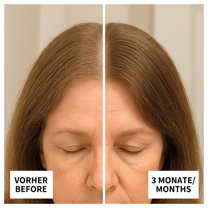 Zeigt ein Vorher/Nachher Bild von Barbara aus Berlin. Sie sagt: "Ich fand ribogrow einfach anzuwenden und es scheint zu wirken. Aber vor allem habe ich kein Kopfweh wie bei Minoxidil"