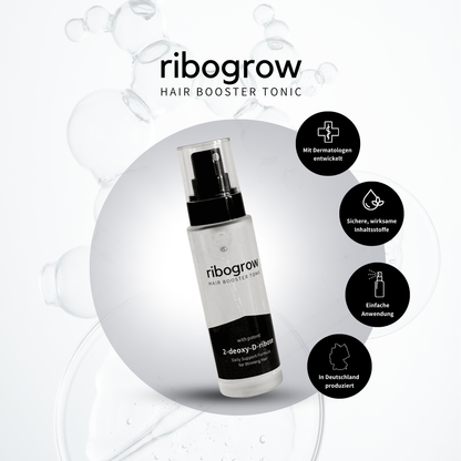 Bild das das ribogrow HAIR BOOSTER TONIC und die Vorteile zeigt: Mit Dermatologen entwickelt, sichere und wirksame Inhaltsstoffe, einfache Anwendung, In Deutschland produziert.