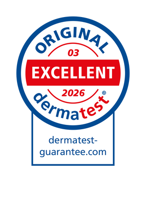 Dermatest-Prüfsiegel mit der Bewertung „EXCELLENT“ für März 2026 und die Marke ribogrow®. Das runde Siegel ist in Blau, Rot und Weiß gestaltet und trägt die Aufschriften „ORIGINAL“, „dermatest“. Rechts daneben steht die Website „dermatest-guarantee.com“.