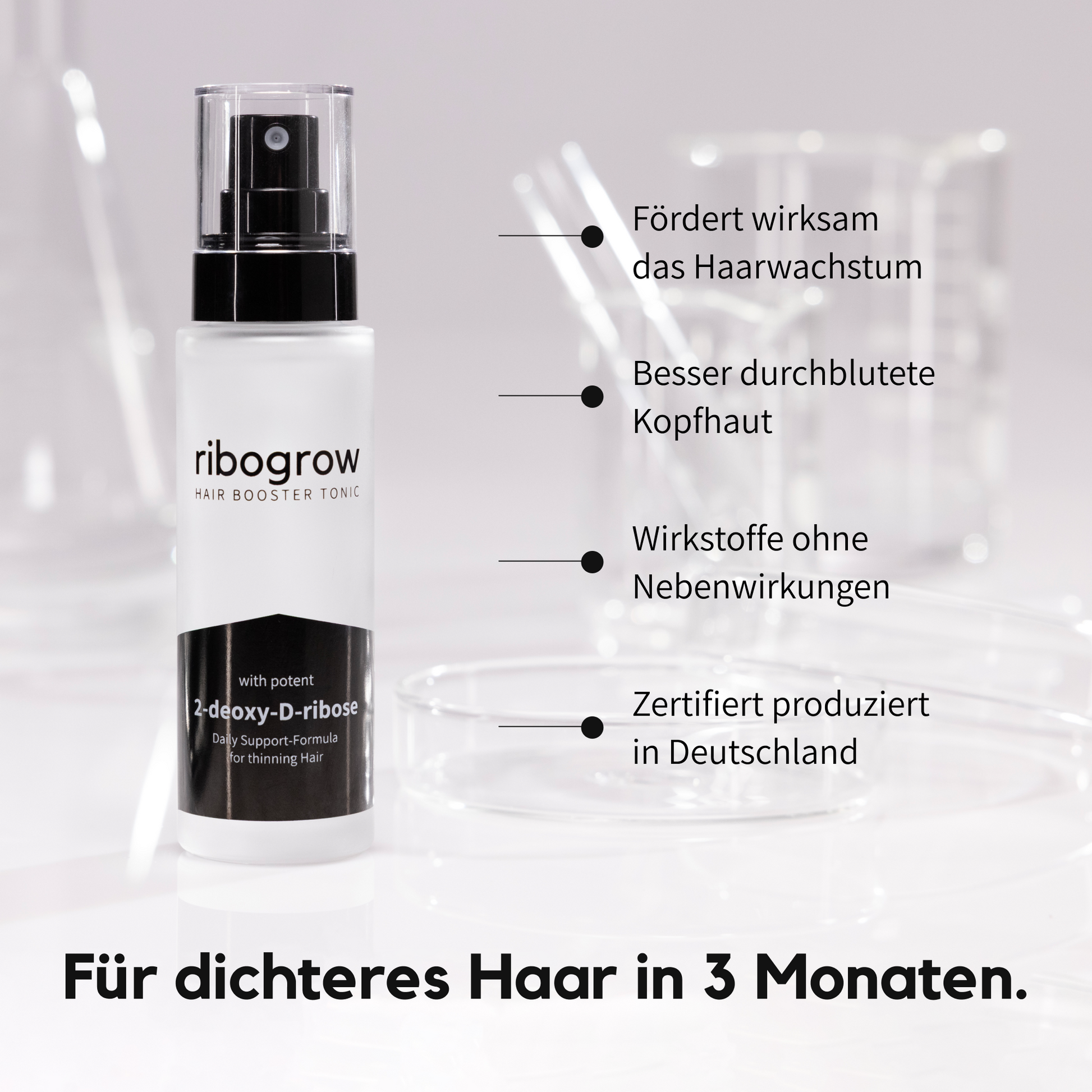Produktfoto des ribogrow Hair Booster Tonic mit Wirkstoff 2-Desoxy-D-Ribose. Daneben stehen die Vorteile: fördert wirksam das Haarwachstum, verbessert die Durchblutung der Kopfhaut, Wirkstoffe ohne Nebenwirkungen, zertifiziert produziert in Deutschland. Unter dem Bild der Claim: Für dichteres Haar in 3 Monaten.