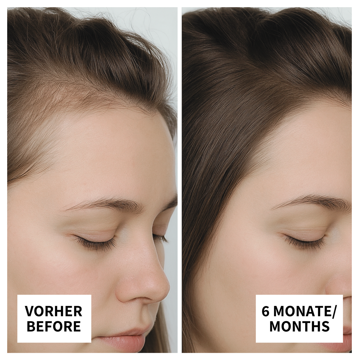 Zeigt die Kundin Carolin, 29 aus Dresden vor und nach der Anwendung des ribogrow Hair Booster Tonics. Das Bild zeigt volleres Haar nach 6 Monaten