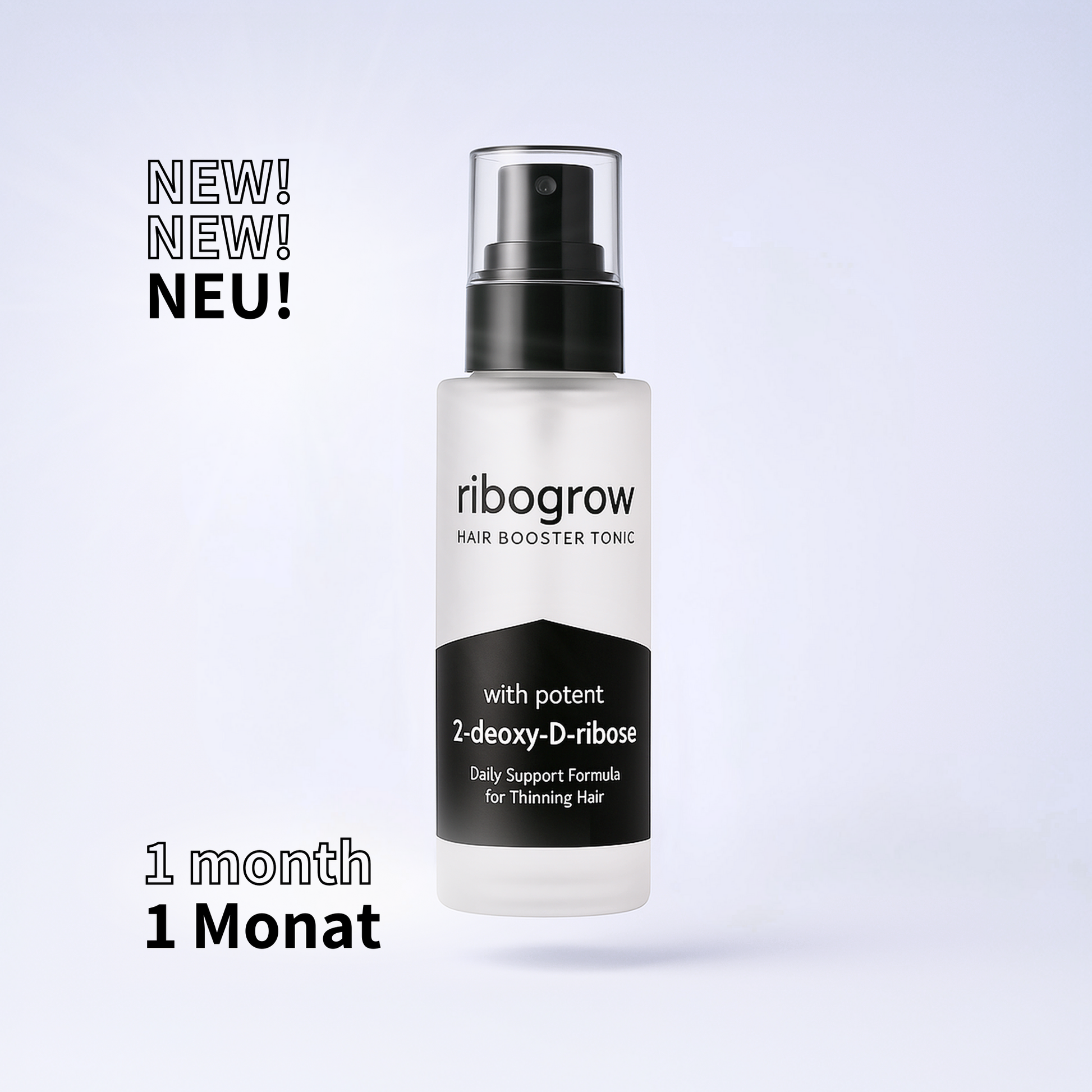 ribogrow Hair Booster Tonic als Versuchsgröße: 1 Flasche mit 50 ml, geeignet für 1 Monat Anwendung. Abgebildet auf hellem Hintergrund mit Produktinformationen auf Englisch und Deutsch.
