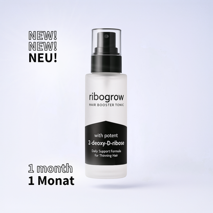 ribogrow Hair Booster Tonic als Versuchsgröße: 1 Flasche mit 50 ml, geeignet für 1 Monat Anwendung. Abgebildet auf hellem Hintergrund mit Produktinformationen auf Englisch und Deutsch.
