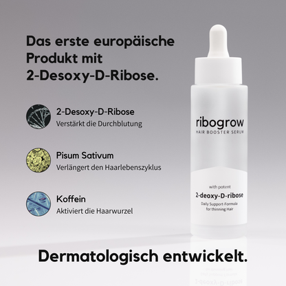 ribogrow Hair Booster Serum im weißen Glasflakon mit Pipette. Links die drei Hauptwirkstoffe: 2-Desoxy-D-Ribose zur verbesserten Durchblutung der Kopfhaut, Pisum Sativum zur Verlängerung des Haarzyklus und Koffein zur Aktivierung der Haarwurzel. Überschrift: ‚Das erste europäische Produkt mit 2-Desoxy-D-Ribose‘, unten der Hinweis ‚Dermatologisch entwickelt‘. Darstellung betont Innovation und Wirksamkeit gegen Haarausfall.