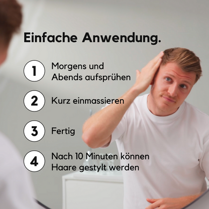 Anwendungsanleitung für das Haarwuchsmittel ribogrow: Ein Mann trägt das Produkt auf seine Kopfhaut auf. Links stehen die Schritt-für-Schritt-Anleitung: morgens und abends aufsprühen, kurz einmassieren, fertig; nach 10 Minuten können die Haare gestylt werden. Darstellung zeigt die einfache, alltagstaugliche Anwendung von ribogrow gegen Haarausfall.