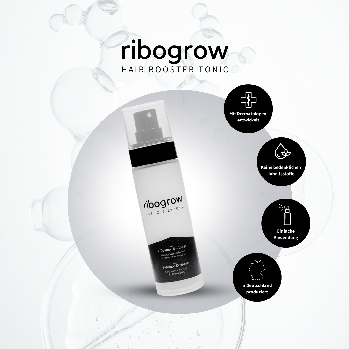 Bild das das ribogrow HAIR BOOSTER TONIC und die Vorteile zeigt: Mit Dermatologen entwickelt, keine bedenklichen Inhaltsstoffe, einfache Anwendung, In Deutschland produziert.