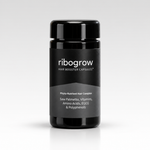 Schwarze Dose ribogrow® Hair Booster Capsules mit glänzendem Schraubdeckel und zweifarbigem Etikett in Schwarz und Grau. Die Beschriftung zeigt den Phyto-Nährstoff-Komplex mit Sägepalme, Vitaminen, Aminosäuren, EGCG und Polyphenolen. Die Dose steht mittig auf einer weißen, leicht spiegelnden Oberfläche vor einem hellgrauen Hintergrund.