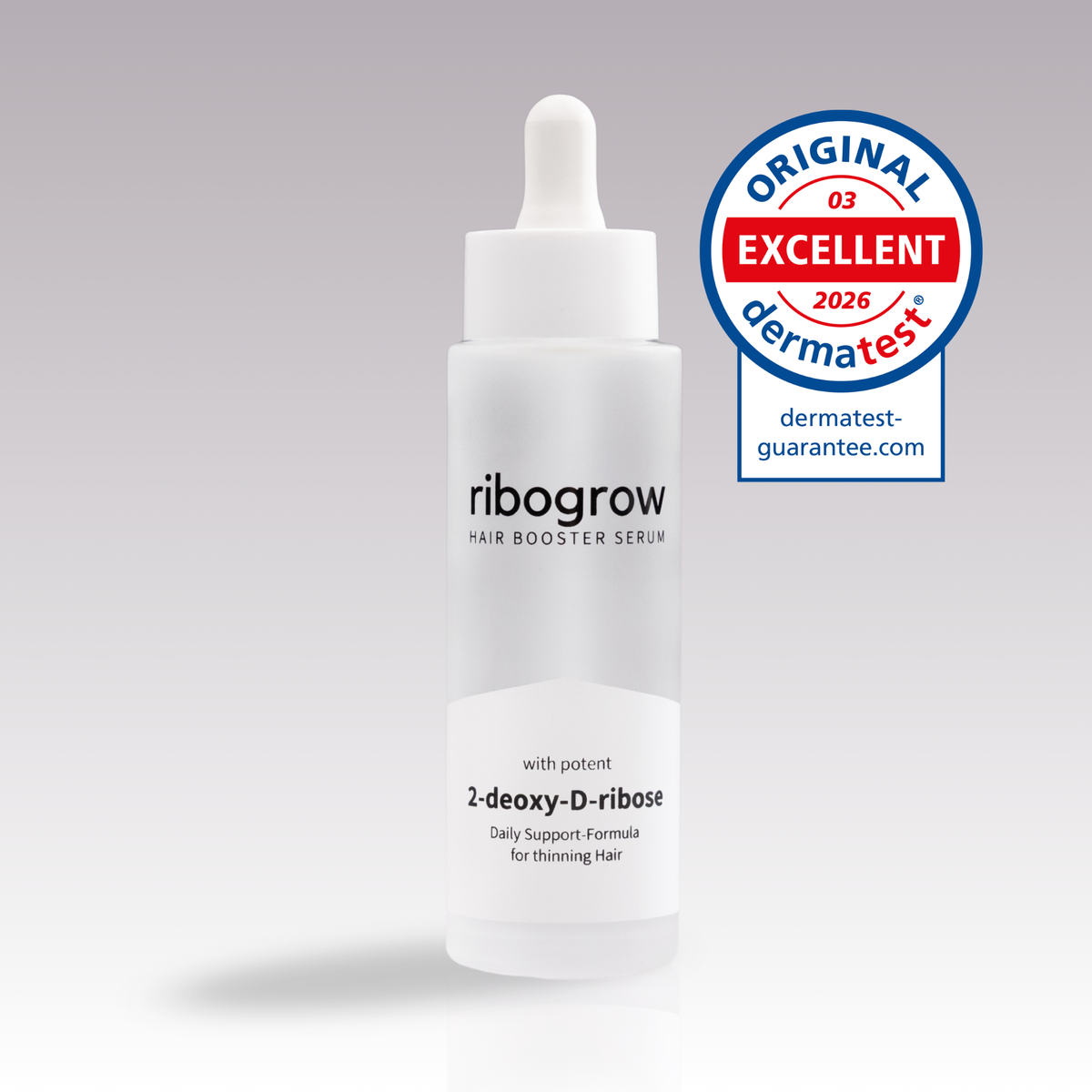 Zeigt den ribogrow Hair Booster Serum 1er Pack, geeignet für 1 Monat Anwendung mit Dermatest Siegel