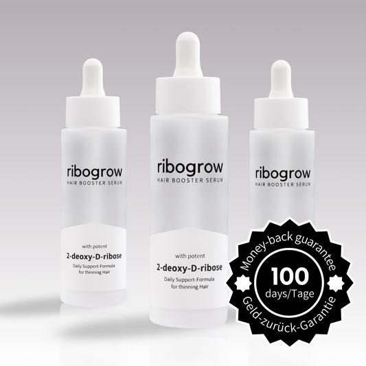 Zeigt den ribogrow Hair Boooster Serum 3er Pack mit 100 Tagen Geld-zurück-Garantie. Geeignet für die Anwendung in 3 Monaten.