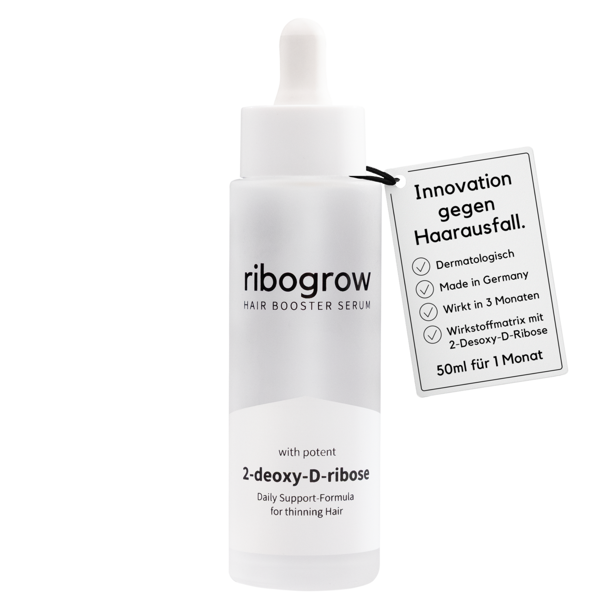 Produktfoto des ribogrow Hair Booster Serum im weißen Glasflakon mit Pipette. Das Etikett nennt die Vorteile des Haarwuchsserums: dermatologisch entwickelt, Made in Germany, sichtbare Wirkung nach 3 Monaten und innovative Wirkstoffmatrix mit 2-Desoxy-D-Ribose. Hinweis: 50 ml reichen für einen Monat Anwendung gegen Haarausfall.