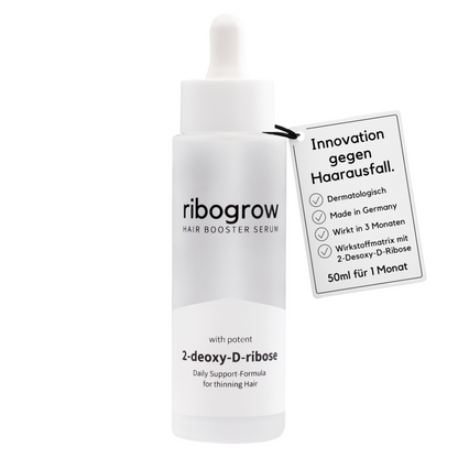 Produktfoto des ribogrow Hair Booster Serum im weißen Glasflakon mit Pipette. Das Etikett nennt die Vorteile des Haarwuchsserums: dermatologisch entwickelt, Made in Germany, sichtbare Wirkung nach 3 Monaten und innovative Wirkstoffmatrix mit 2-Desoxy-D-Ribose. Hinweis: 50 ml reichen für einen Monat Anwendung gegen Haarausfall.