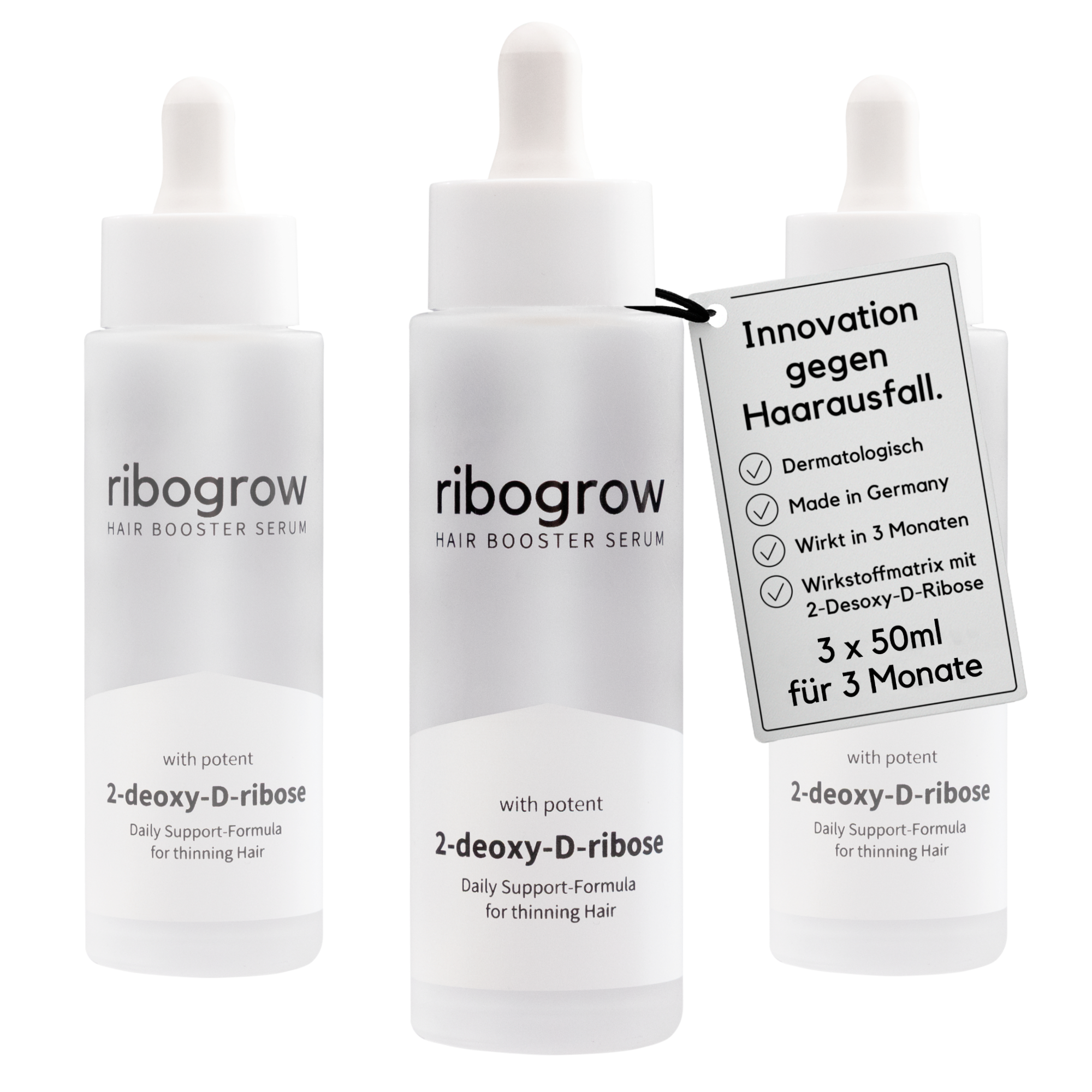 Drei Flaschen des ribogrow Hair Booster Serum mit Wirkstoff 2-deoxy-D-ribose. Rechts hängt ein Etikett mit den Vorteilen des Haarwuchsserums: dermatologisch entwickelt, Made in Germany, sichtbare Wirkung nach 3 Monaten und innovative Wirkstoffmatrix mit 2-Desoxy-D-Ribose. Hinweis: 3 × 50 ml für eine vollständige 3-Monats-Kur gegen Haarausfall.