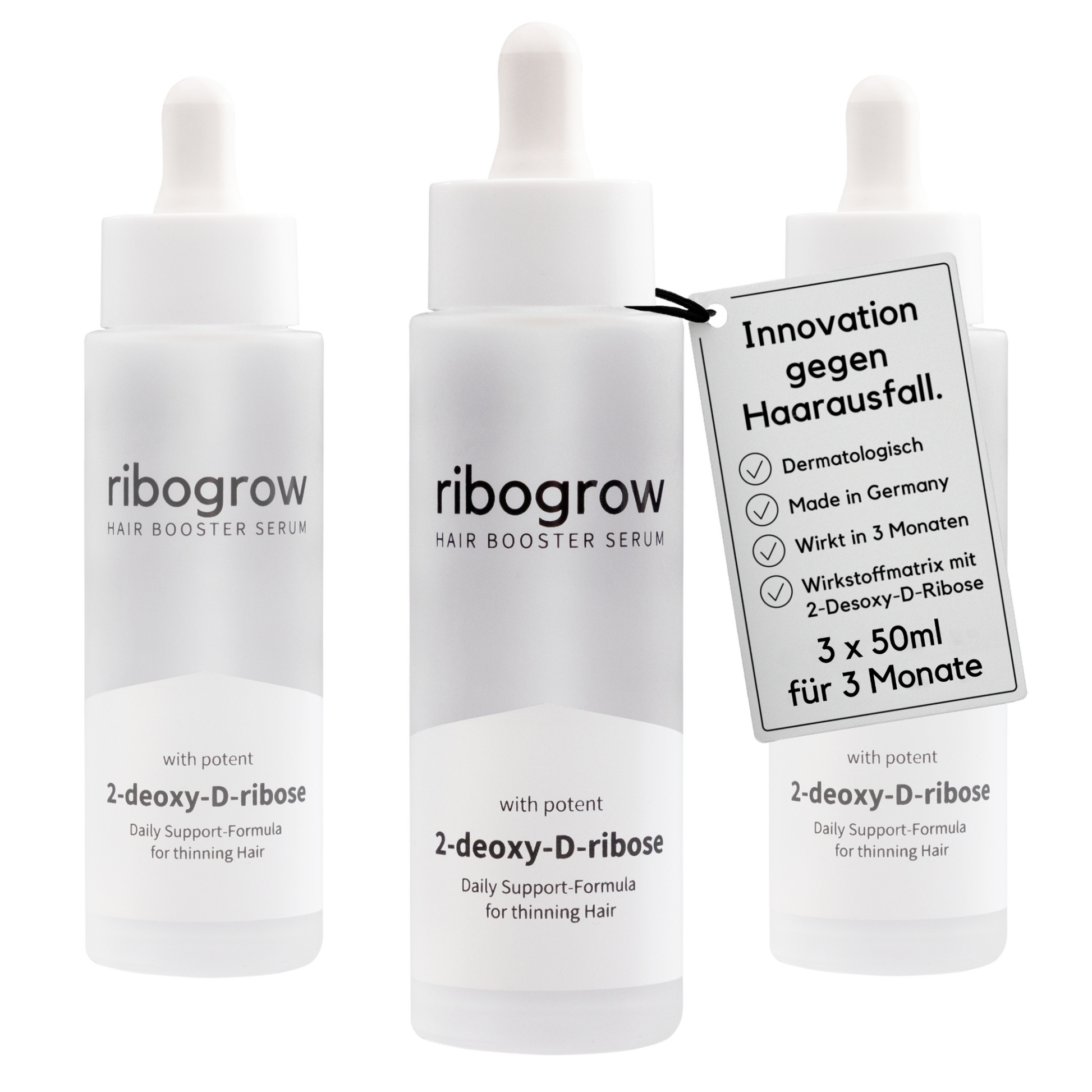 Drei Flaschen des ribogrow Hair Booster Serum mit Wirkstoff 2-deoxy-D-ribose. Rechts hängt ein Etikett mit den Vorteilen des Haarwuchsserums: dermatologisch entwickelt, Made in Germany, sichtbare Wirkung nach 3 Monaten und innovative Wirkstoffmatrix mit 2-Desoxy-D-Ribose. Hinweis: 3 × 50 ml für eine vollständige 3-Monats-Kur gegen Haarausfall.